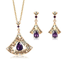 Unique Purple Glass Stone Earrings Necklace Jewelry Set